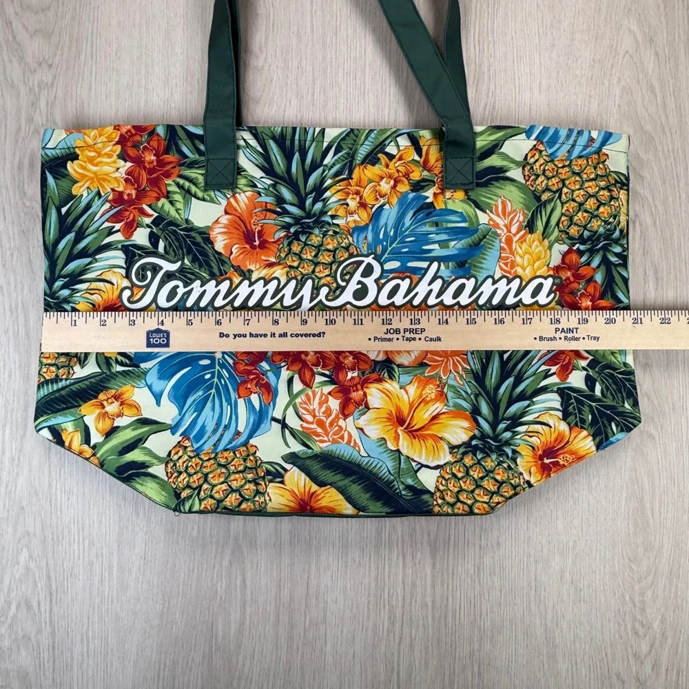 Tommy Bahama Tropical Floral Pineapple Tote Bag Green Canvas Beach Travel Large